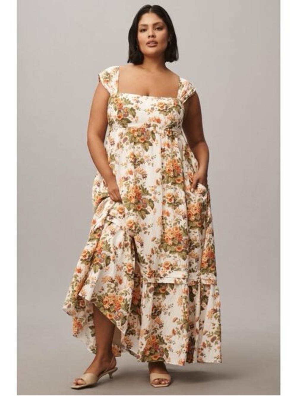 Anthropologie Cream Maxi Dress with Orange and Green Floral Print